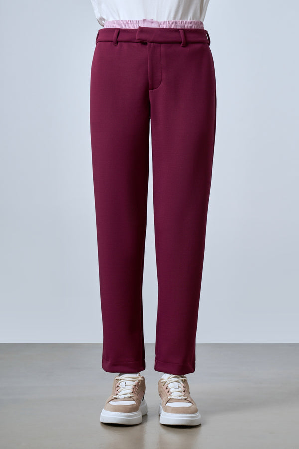 Belde Çift Kemerli Dokuma Detaylı Kadın Pantolon - Bordo