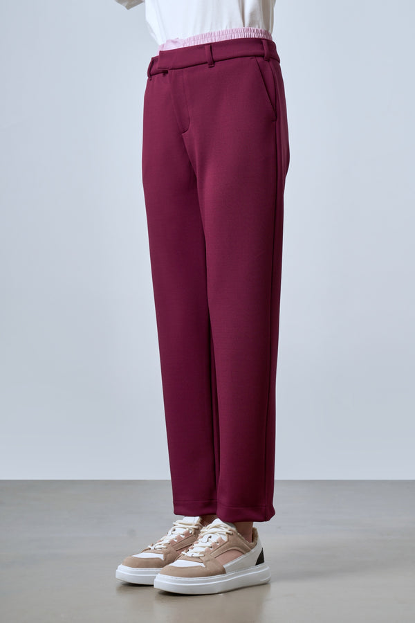 Belde Çift Kemerli Dokuma Detaylı Kadın Pantolon - Bordo