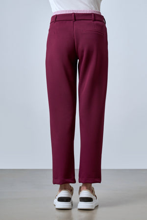 Belde Çift Kemerli Dokuma Detaylı Kadın Pantolon - Bordo