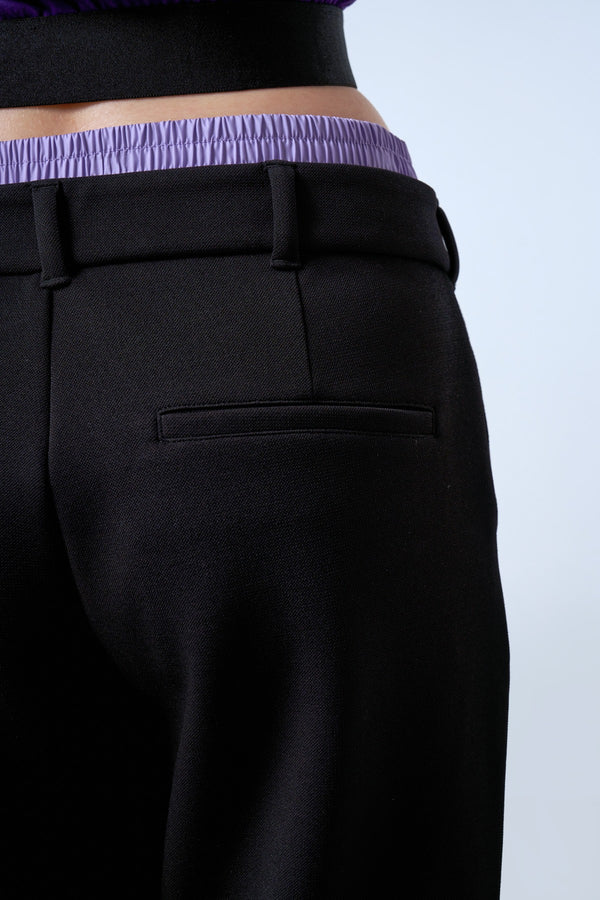 Belde Çift Kemerli Dokuma Detaylı Kadın Pantolon - Siyah