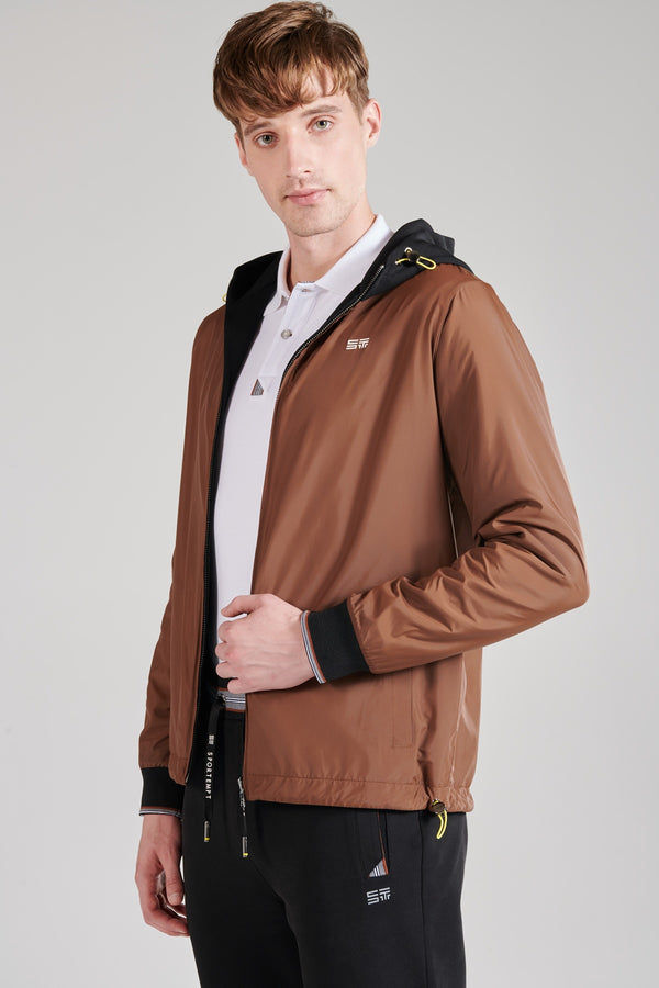 Çift Taraflı Kapüşonlu Erkek Mont - Siyah Kahverengi