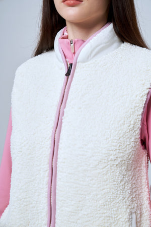 Çıtçıt Detaylı Fermuarlı Kadın Sherpa Yelek - Ekru