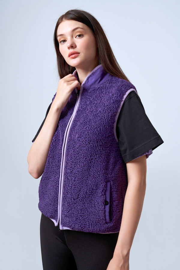 Çıtçıt Detaylı Fermuarlı Kadın Sherpa Yelek - Mor