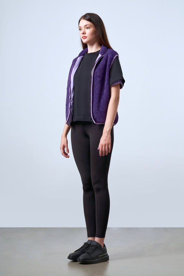 Çıtçıt Detaylı Fermuarlı Kadın Sherpa Yelek - Mor