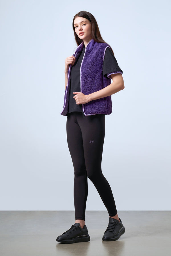 Çıtçıt Detaylı Fermuarlı Kadın Sherpa Yelek - Mor