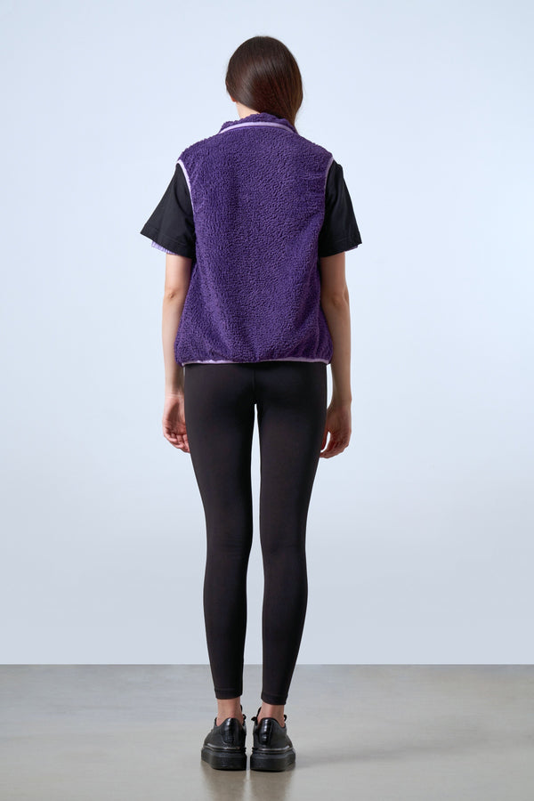 Çıtçıt Detaylı Fermuarlı Kadın Sherpa Yelek - Mor