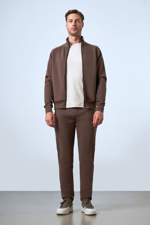 Dik Yaka Deri Şeritli Fermuarlı Erkek Eşofman Üstü - Kahverengi