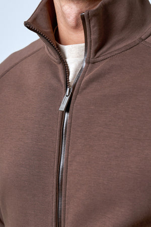 Dik Yaka Deri Şeritli Fermuarlı Erkek Eşofman Üstü - Kahverengi