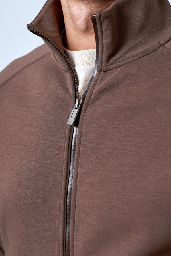 Dik Yaka Deri Şeritli Fermuarlı Erkek Eşofman Üstü - Kahverengi