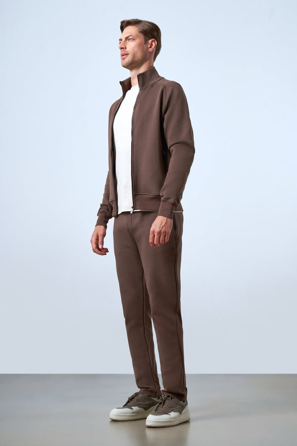 Dik Yaka Deri Şeritli Fermuarlı Erkek Eşofman Üstü - Kahverengi