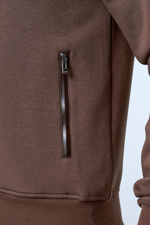 Dik Yaka Deri Şeritli Fermuarlı Erkek Eşofman Üstü - Kahverengi