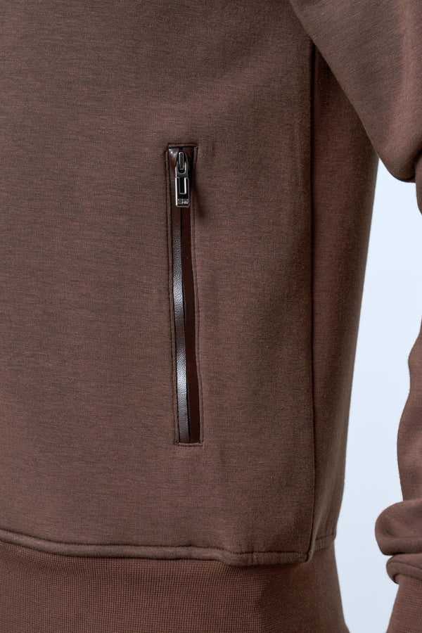 Dik Yaka Deri Şeritli Fermuarlı Erkek Eşofman Üstü - Kahverengi