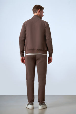 Dik Yaka Deri Şeritli Fermuarlı Erkek Eşofman Üstü - Kahverengi