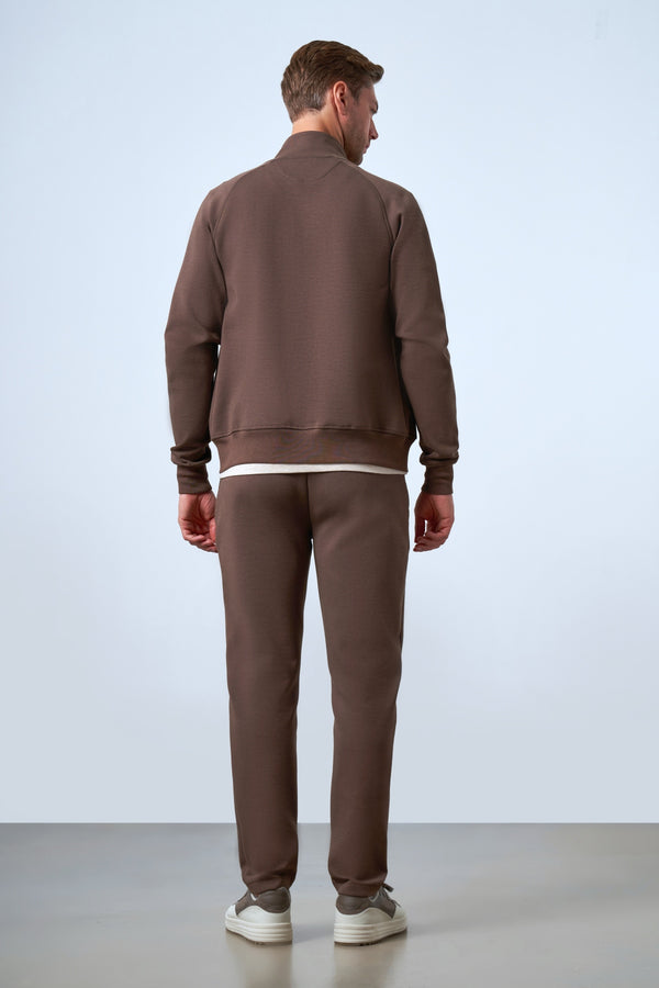 Dik Yaka Deri Şeritli Fermuarlı Erkek Eşofman Üstü - Kahverengi