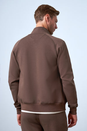 Dik Yaka Deri Şeritli Fermuarlı Erkek Eşofman Üstü - Kahverengi