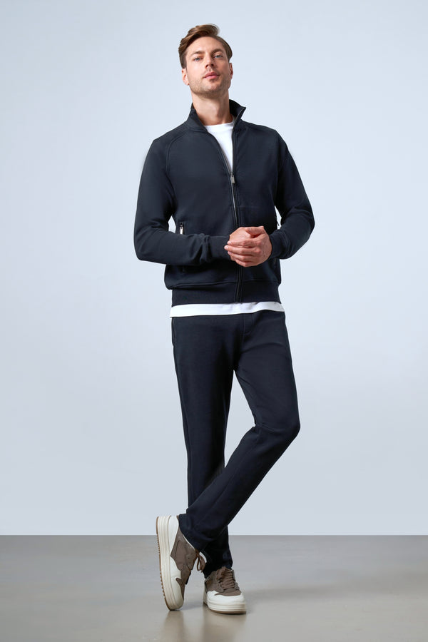 Dik Yaka Deri Şeritli Fermuarlı Erkek Eşofman Üstü - Siyah