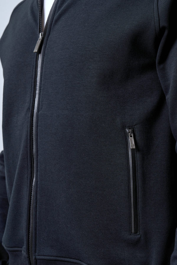 Dik Yaka Deri Şeritli Fermuarlı Erkek Eşofman Üstü - Siyah