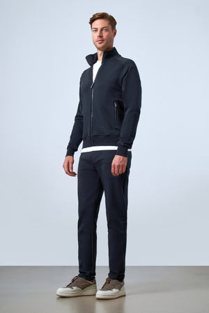 Dik Yaka Deri Şeritli Fermuarlı Erkek Eşofman Üstü - Siyah