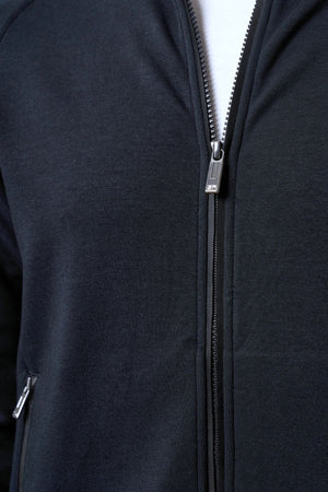 Dik Yaka Deri Şeritli Fermuarlı Erkek Eşofman Üstü - Siyah