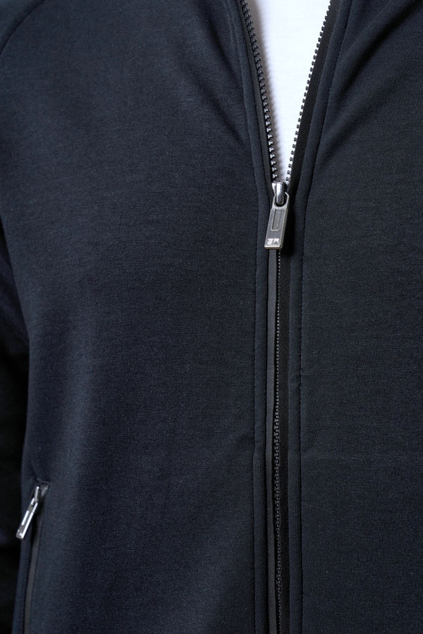 Dik Yaka Deri Şeritli Fermuarlı Erkek Eşofman Üstü - Siyah