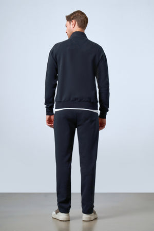 Dik Yaka Deri Şeritli Fermuarlı Erkek Eşofman Üstü - Siyah