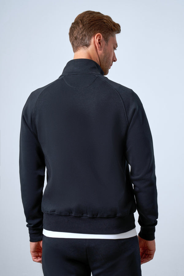 Dik Yaka Deri Şeritli Fermuarlı Erkek Eşofman Üstü - Siyah