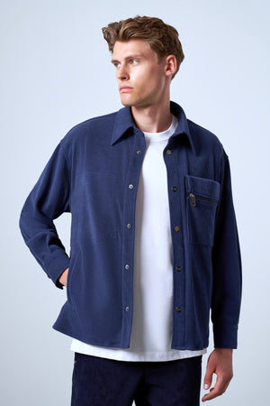 Fermuarlı Cep Detaylı Kadife Erkek Dış Gömlek - İndigo
