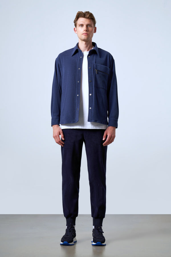 Fermuarlı Cep Detaylı Kadife Erkek Dış Gömlek - İndigo