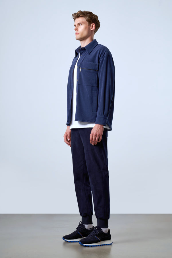 Fermuarlı Cep Detaylı Kadife Erkek Dış Gömlek - İndigo