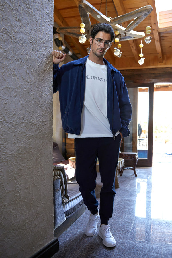 Fermuarlı İçi Yün Astarlı Kadife Erkek Mont - İndigo