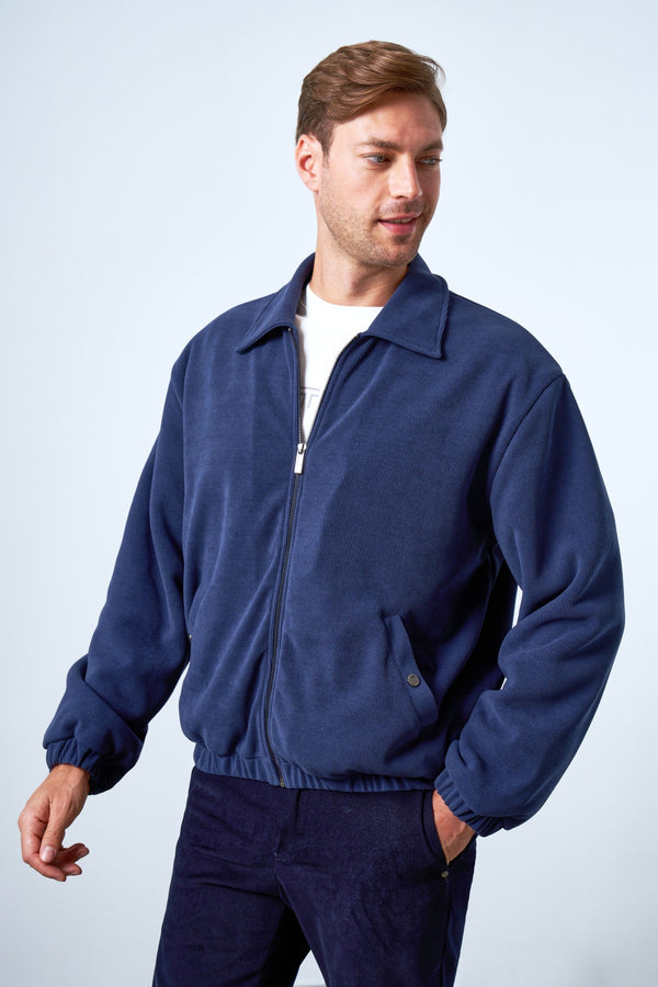 Fermuarlı İçi Yün Astarlı Kadife Erkek Mont - İndigo