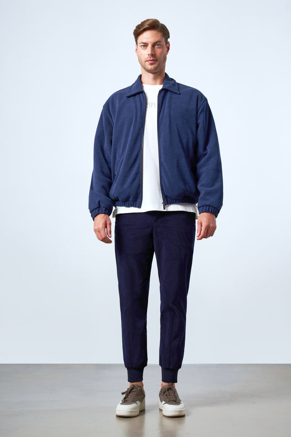 Fermuarlı İçi Yün Astarlı Kadife Erkek Mont - İndigo