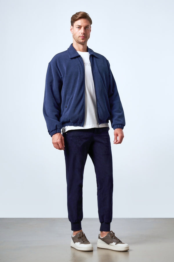 Fermuarlı İçi Yün Astarlı Kadife Erkek Mont - İndigo