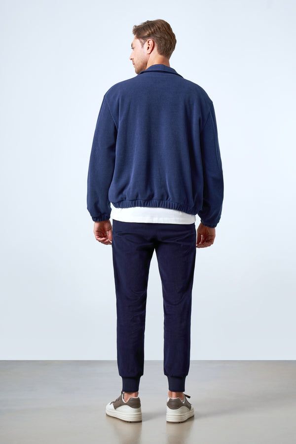 Fermuarlı İçi Yün Astarlı Kadife Erkek Mont - İndigo