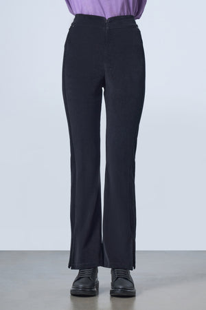 Fitilli Kadife Bol Paça Kadın Pantolon - Siyah