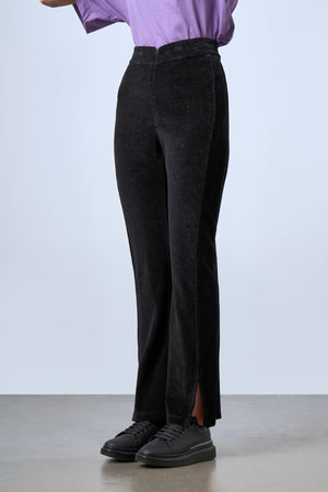 Fitilli Kadife Bol Paça Kadın Pantolon - Siyah