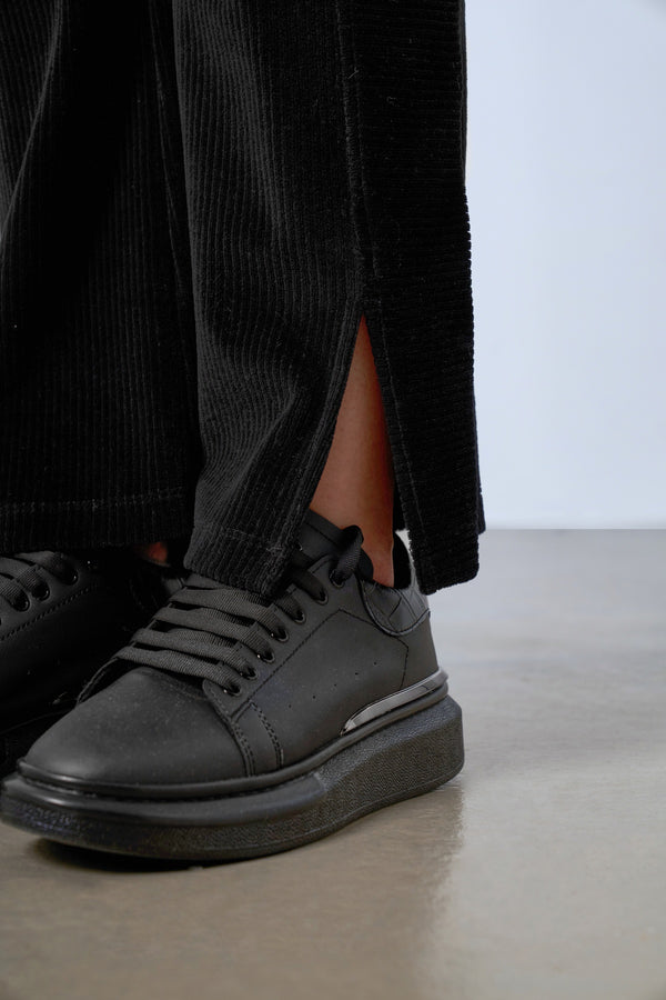 Fitilli Kadife Bol Paça Kadın Pantolon - Siyah