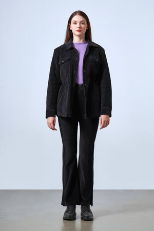 Fitilli Kadife Bol Paça Kadın Pantolon - Siyah