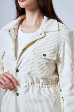 Fitilli Kadife Dokulu Ayarlanabilir Bel Detaylı Çıtçıtlı Kadın Mont - Ekru