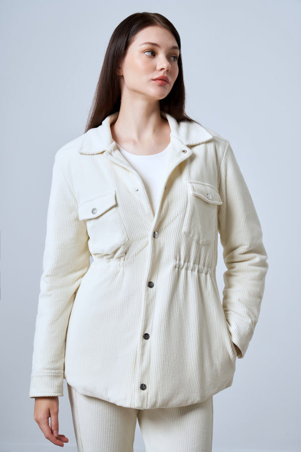 Fitilli Kadife Dokulu Ayarlanabilir Bel Detaylı Çıtçıtlı Kadın Mont - Ekru