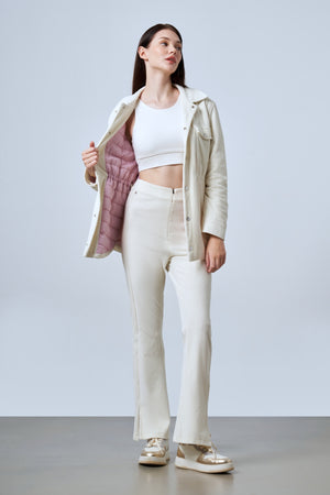 Fitilli Kadife Dokulu Ayarlanabilir Bel Detaylı Çıtçıtlı Kadın Mont - Ekru