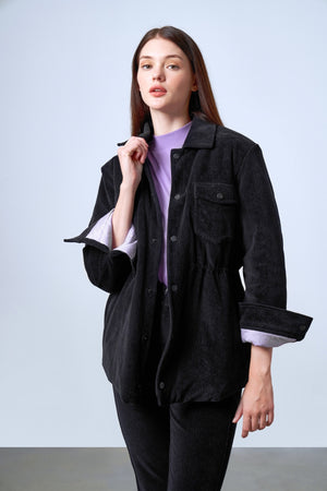 Fitilli Kadife Dokulu Ayarlanabilir Bel Detaylı Çıtçıtlı Kadın Mont - Siyah