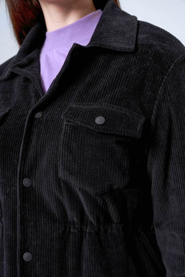 Fitilli Kadife Dokulu Ayarlanabilir Bel Detaylı Çıtçıtlı Kadın Mont - Siyah