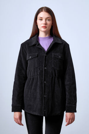 Fitilli Kadife Dokulu Ayarlanabilir Bel Detaylı Çıtçıtlı Kadın Mont - Siyah