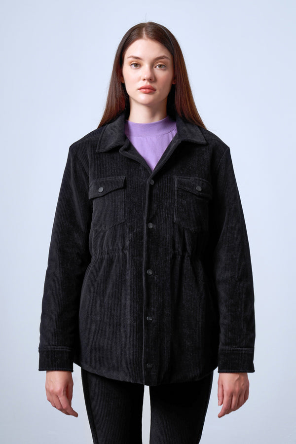 Fitilli Kadife Dokulu Ayarlanabilir Bel Detaylı Çıtçıtlı Kadın Mont - Siyah