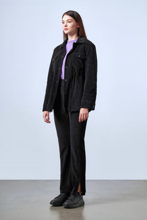 Fitilli Kadife Dokulu Ayarlanabilir Bel Detaylı Çıtçıtlı Kadın Mont - Siyah