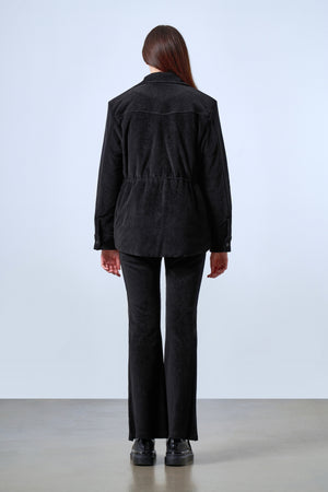 Fitilli Kadife Dokulu Ayarlanabilir Bel Detaylı Çıtçıtlı Kadın Mont - Siyah