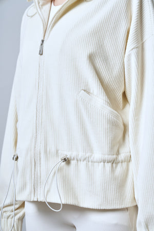 Fitilli Kadife Dokulu Ayarlanabilir Bel Detaylı Kadın Mont - Ekru