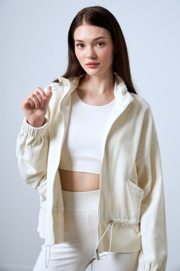 Fitilli Kadife Dokulu Ayarlanabilir Bel Detaylı Kadın Mont - Ekru