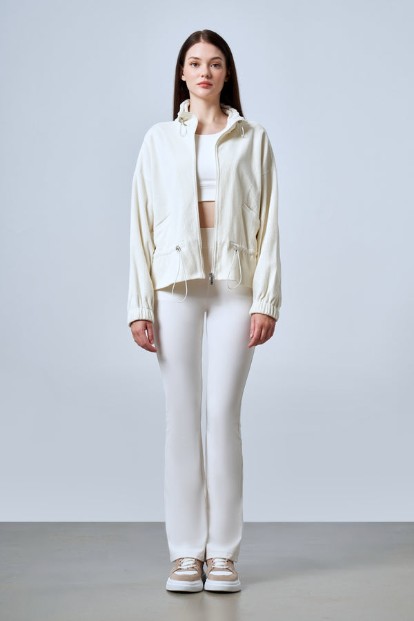 Fitilli Kadife Dokulu Ayarlanabilir Bel Detaylı Kadın Mont - Ekru